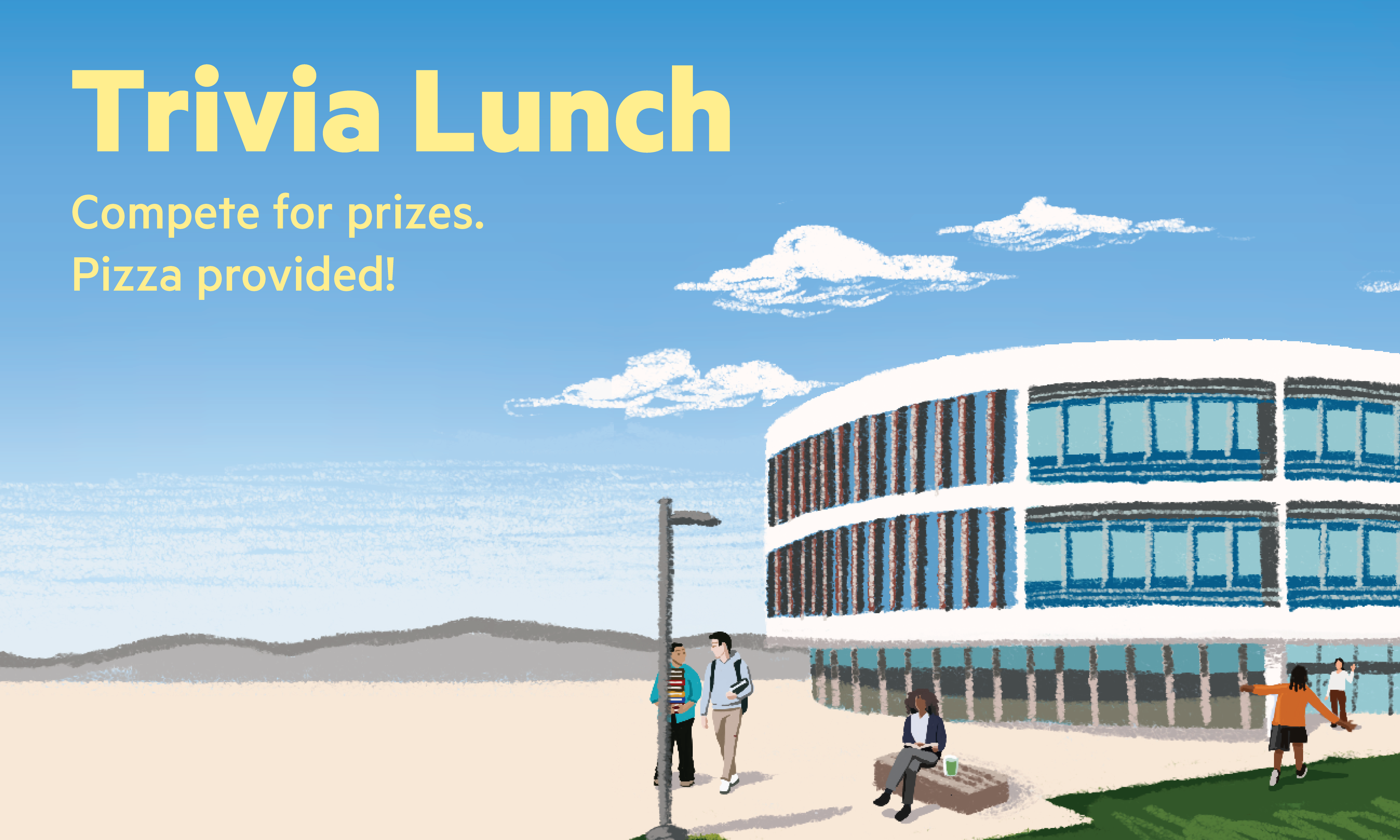 illustration of library with students standing around the building